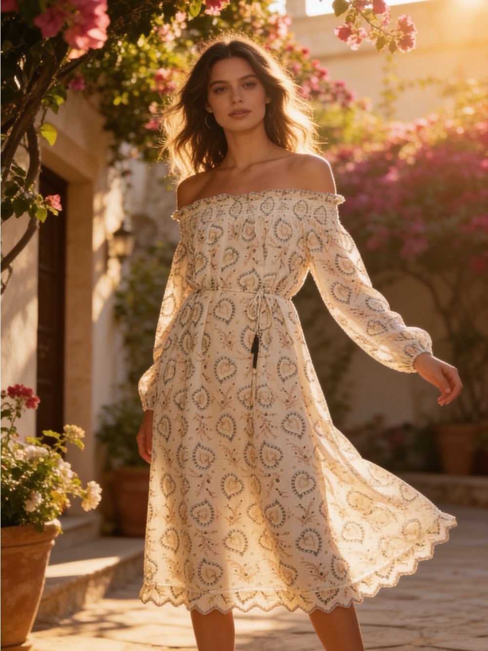 Zimmermann Cream Paisley Off-Shoulder Midi Dress